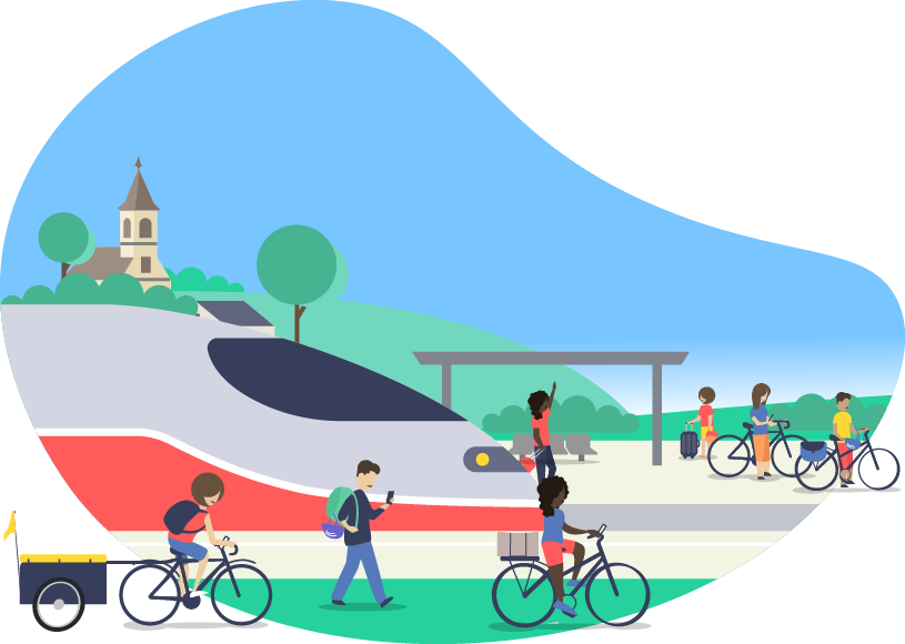 Cyclistes quittent une gare à vélo