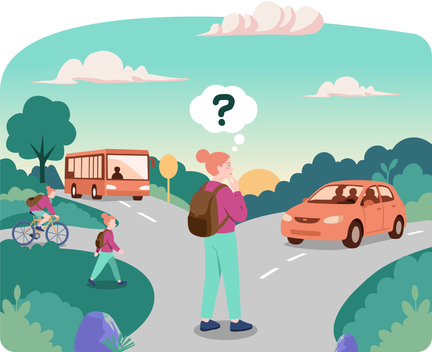 Une voyageuse h&eacute;site &agrave; un carrefour entre le bus, le v&eacute;lo, la marche et la voiture