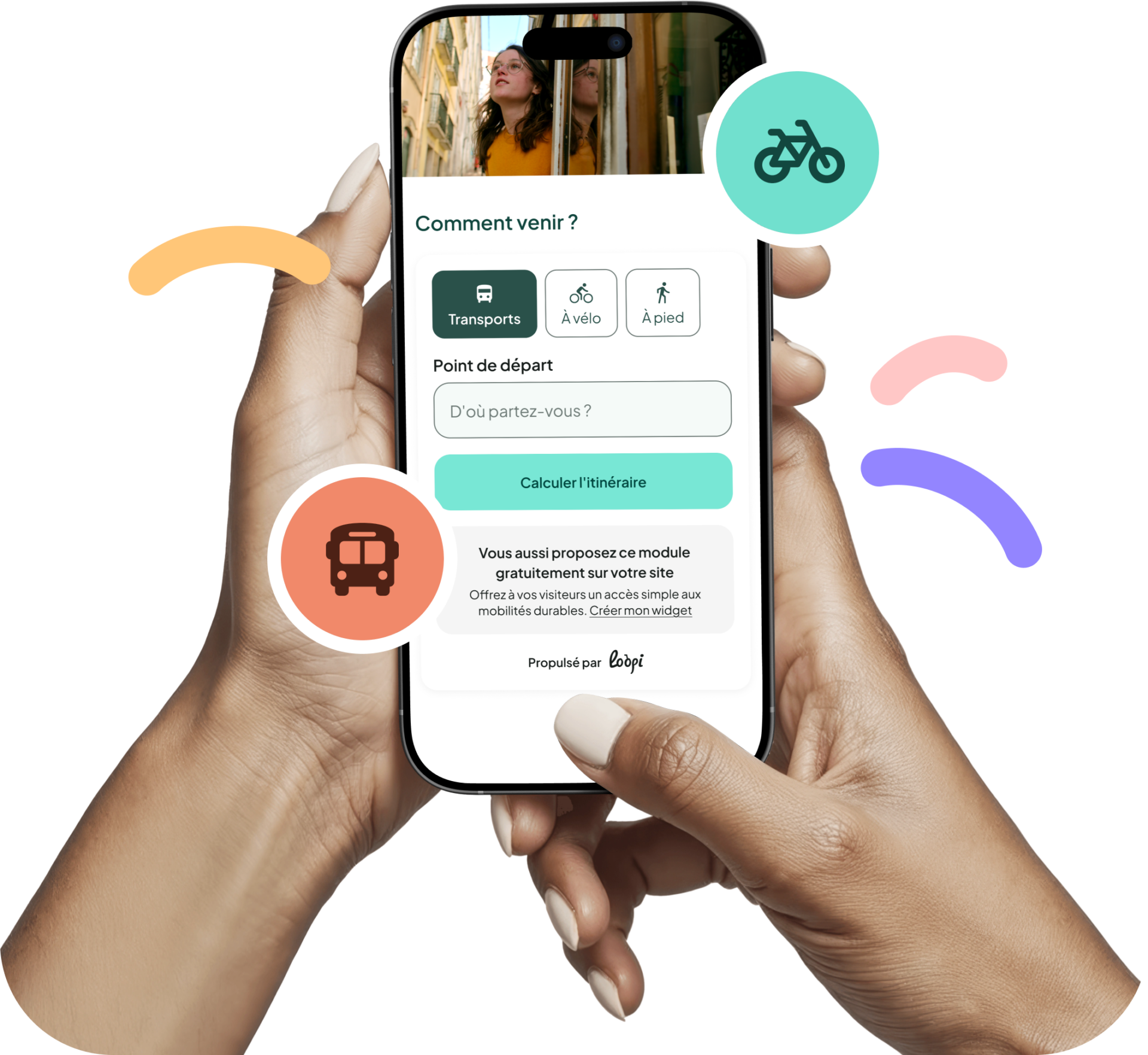 Carte du widget Comment venir affichant l'itinéraire en train, bus et à pied vers un établissement